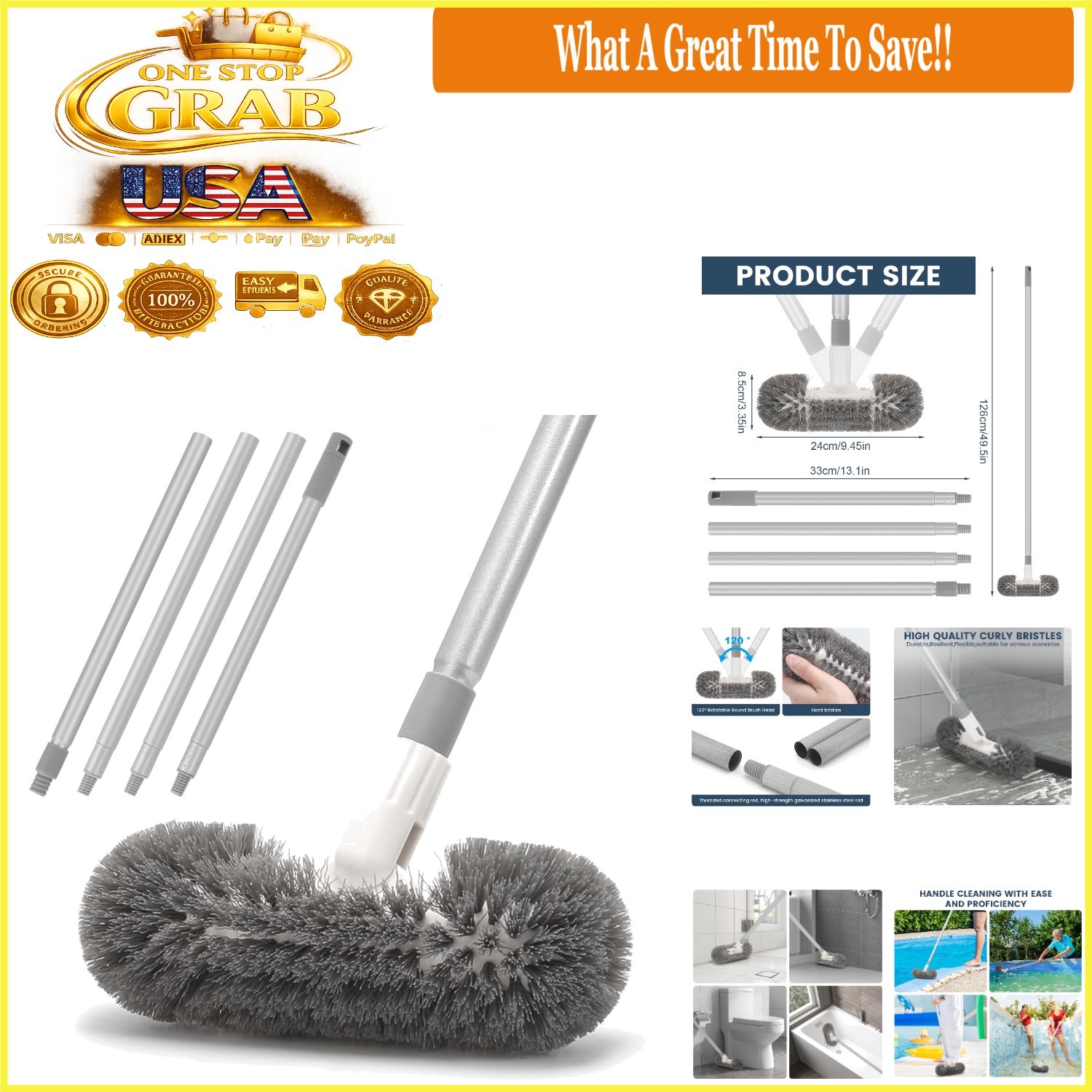 Deck Brush with 51″ Handle – Swivel Floor Scrubber for Tile Pool Boat Gray