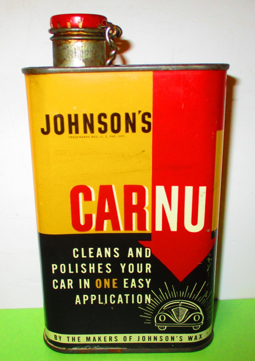 ORIGINAL COPYRIGHTED 1938 NEAR FULL TIN CAN OF JOHNSON’S CARNU BY JOHNSON’S WAX
