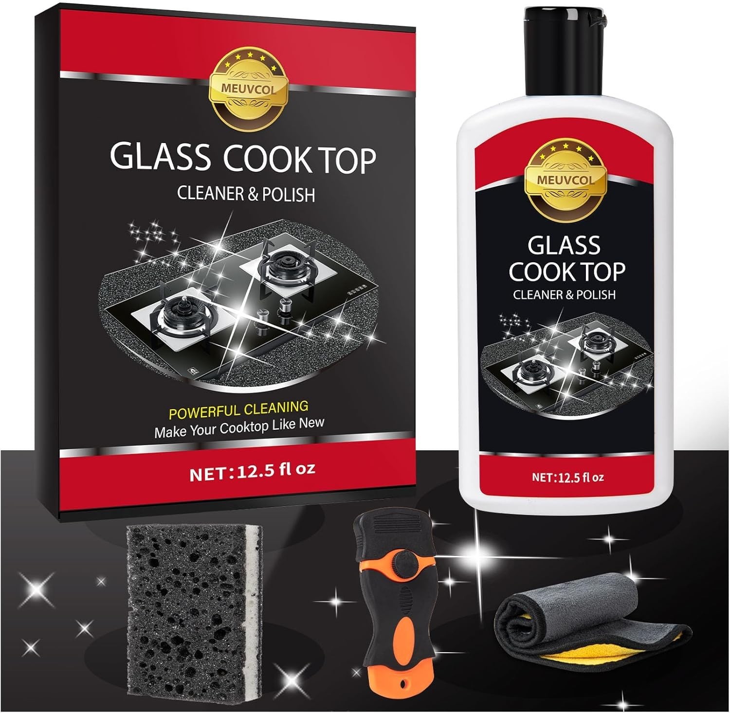 Meuvcol Glass Stove Top Cleaner Kit, 12 Oz Glass Cooktop Cleaner Non-Abrasive…