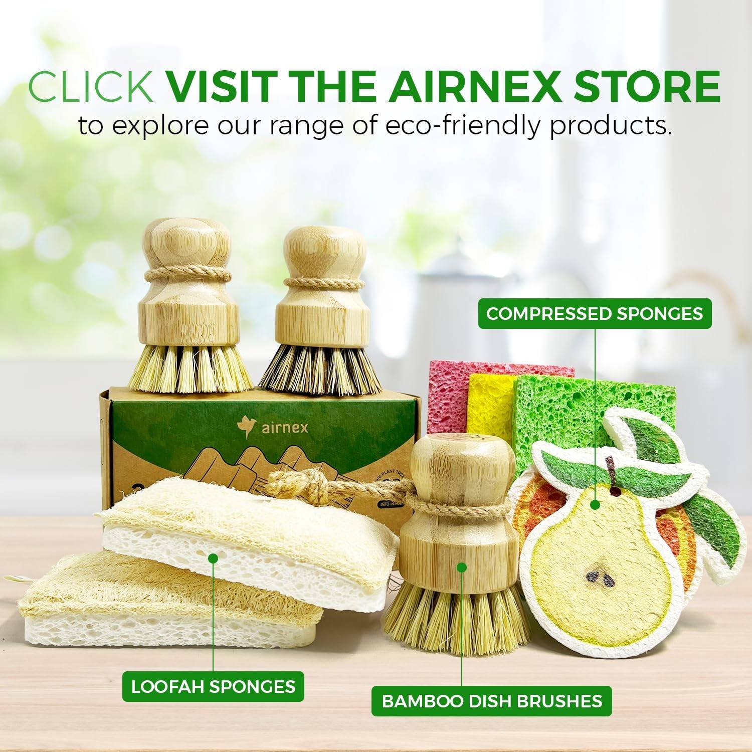 Bamboo Dish Brush Set of 3 – Natural Wooden Scrubber with Stiff Sisal & Coconut