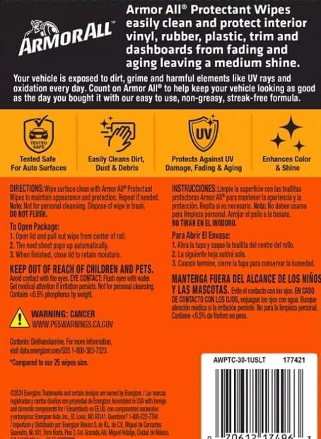 Original Protectant Wipes by Armor All, Car Interior Cleaner Wipes with UV Prote