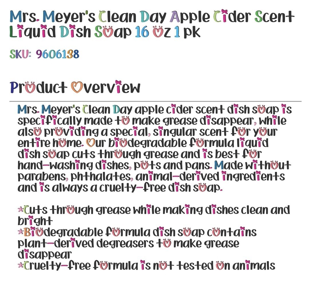 NEW, Mrs. Meyer’s Clean Day 16 Oz. Apple Cider Dish Soap 70050