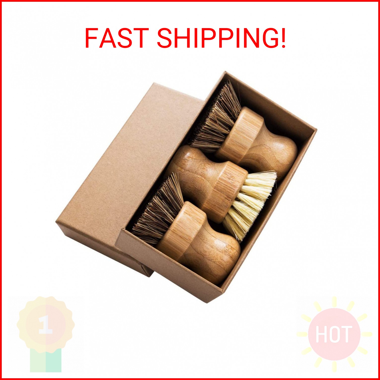 Palm Pot Brush- Bamboo Round 3 Packs Mini Dish Brush Natural Scrub Brush Durable