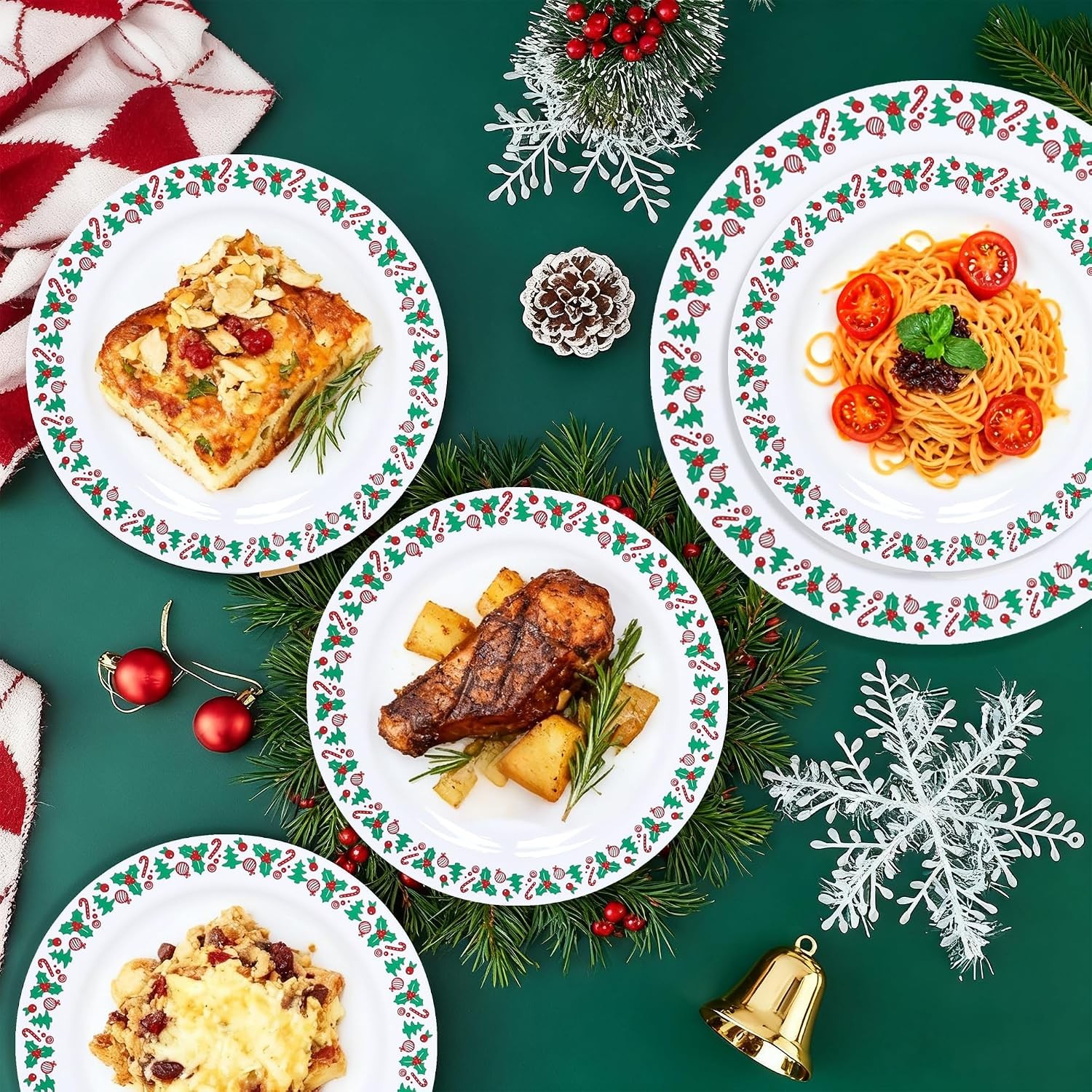 350pcs Christmas Disposable Plates & Cutlery Set – Plastic Plates, Tree Design