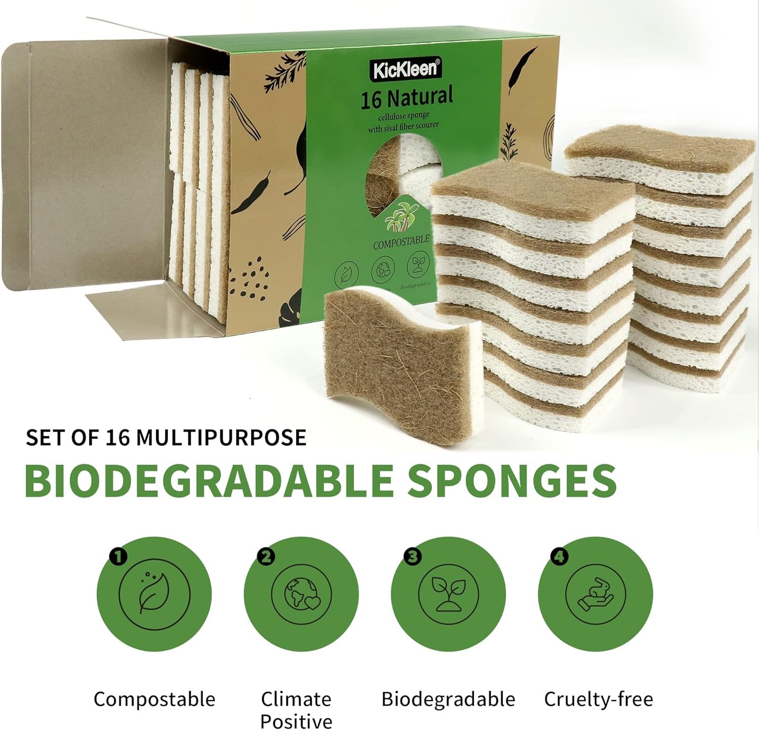 16 Pack Biodegradable Natural Kitchen Sponge – Compostable Cellulose and Coconut