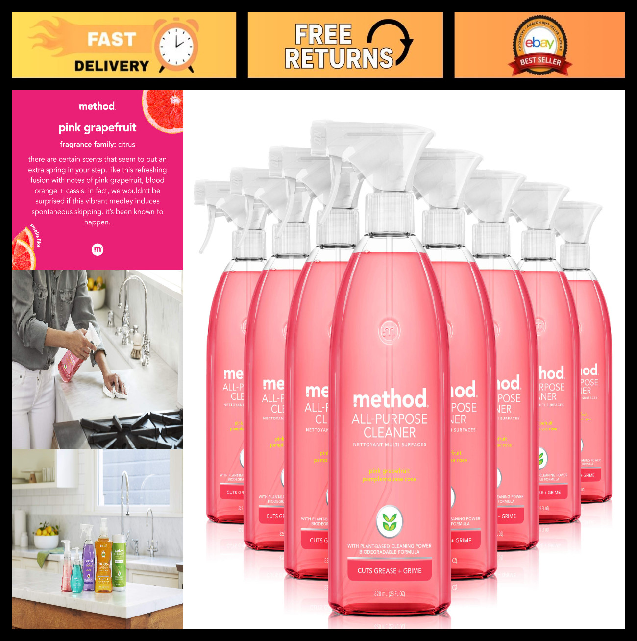 All-Purpose Cleaner Spray, Pink Grapefruit Scent, 28 oz, Pack of 8 – Multi-Surfa