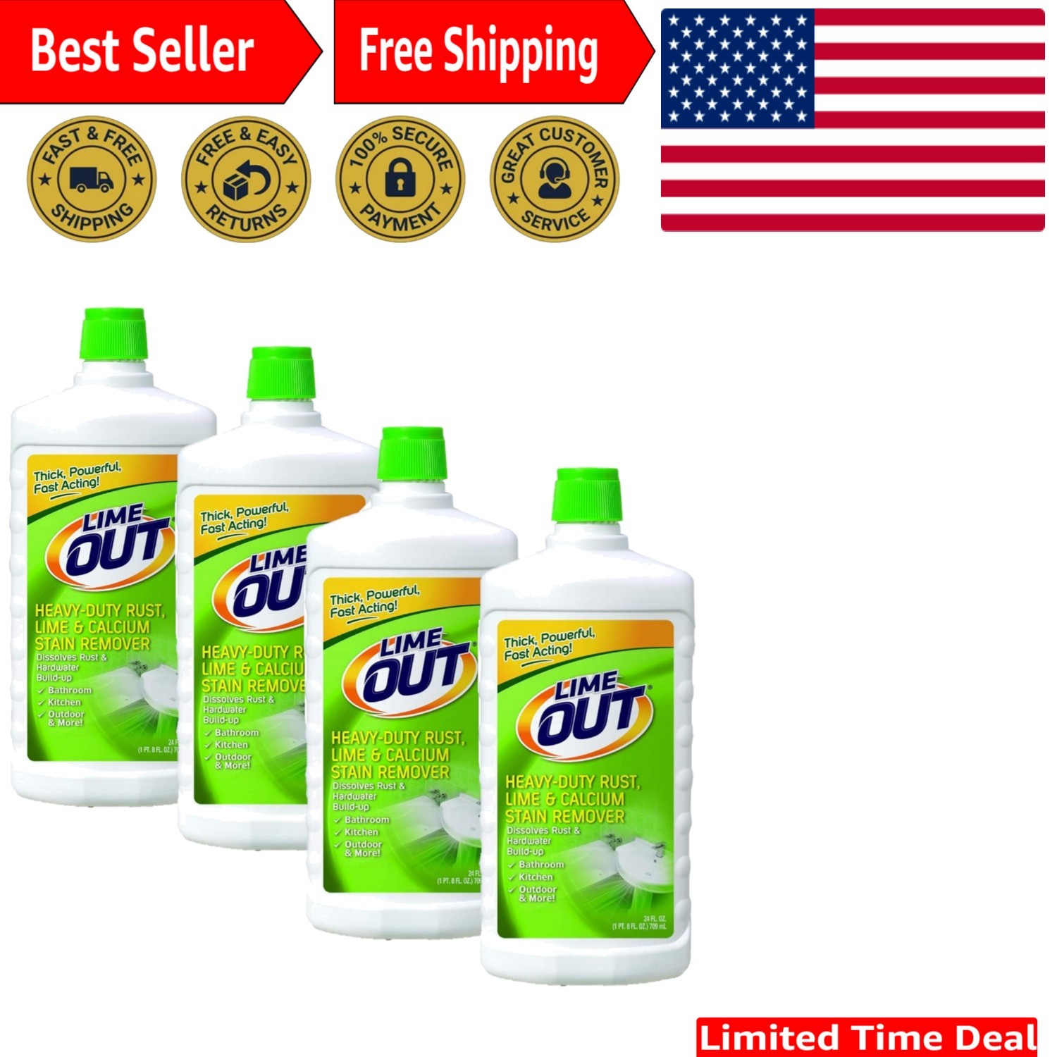 Lime Out Heavy-Duty Multi-Surface Cleaner – 24 oz Pack of 4, Fresh Lime Scent