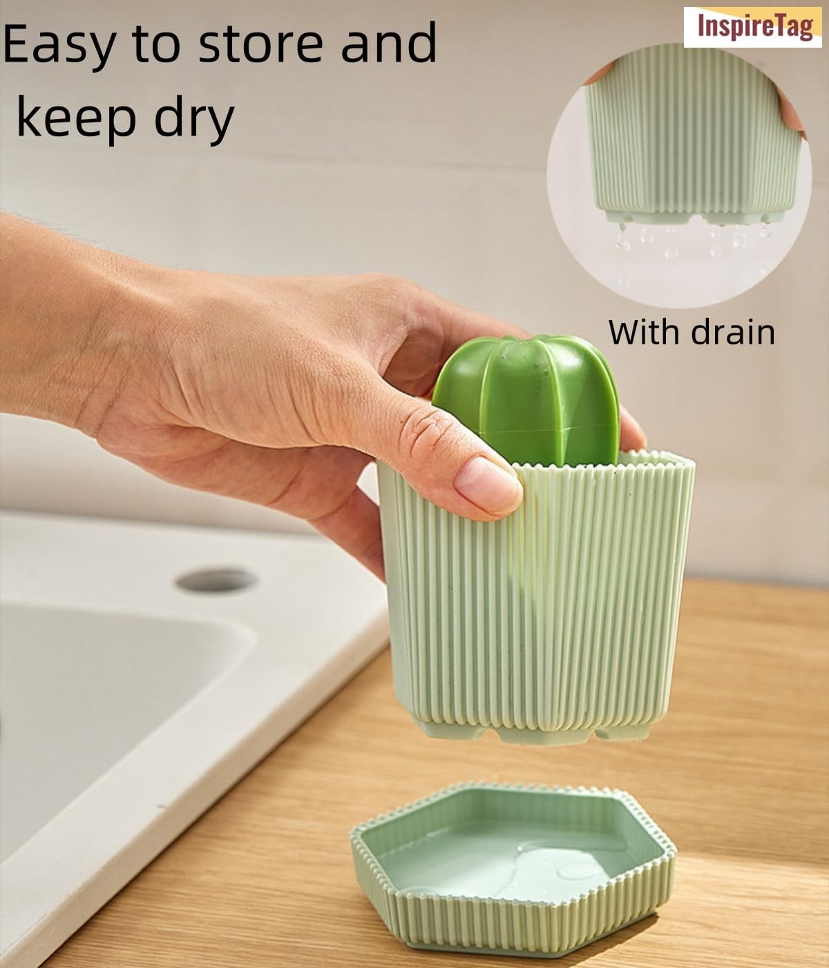 INSPIRETAG Kitchen Cleaning Brush Set with Holder & Drip Tray – 3 Head Cactus…