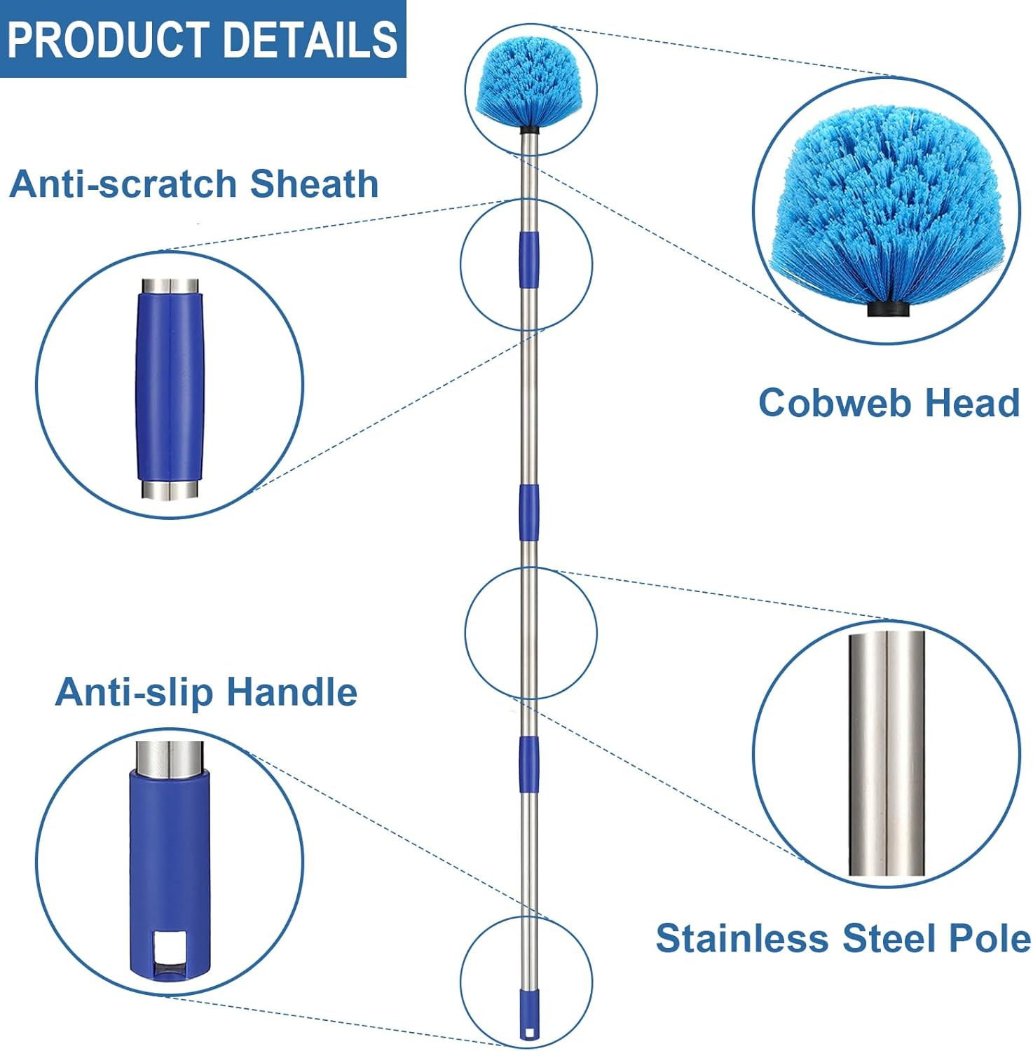 Cobweb Duster with Pole, 4Ft Stainless Steel Pole Cobweb Brush with Medium-Stiff