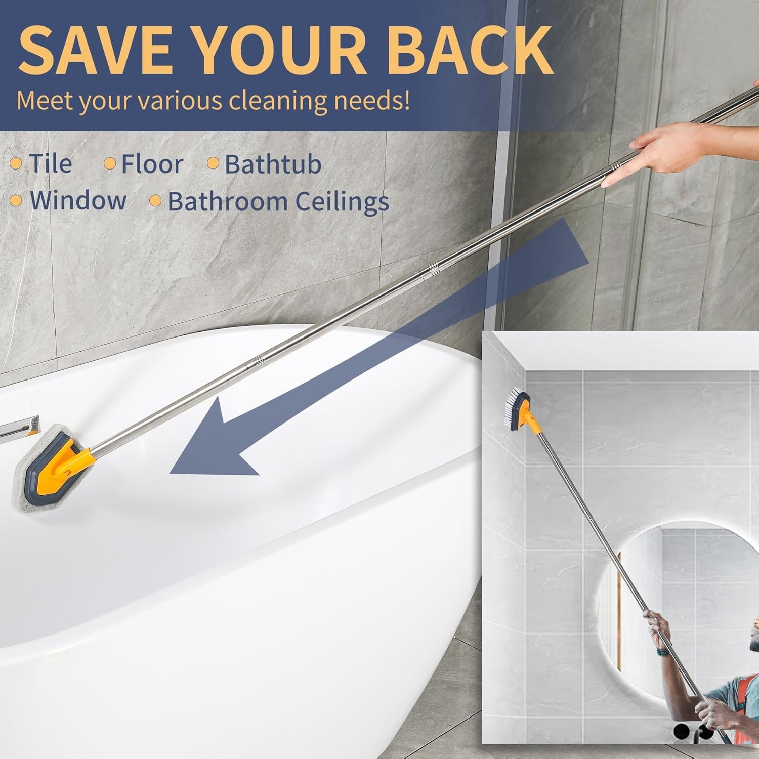 BOOMJOY 55″ Extendable Tub Scrubber Brush Long Handle No-Scratch Shower Cleaner
