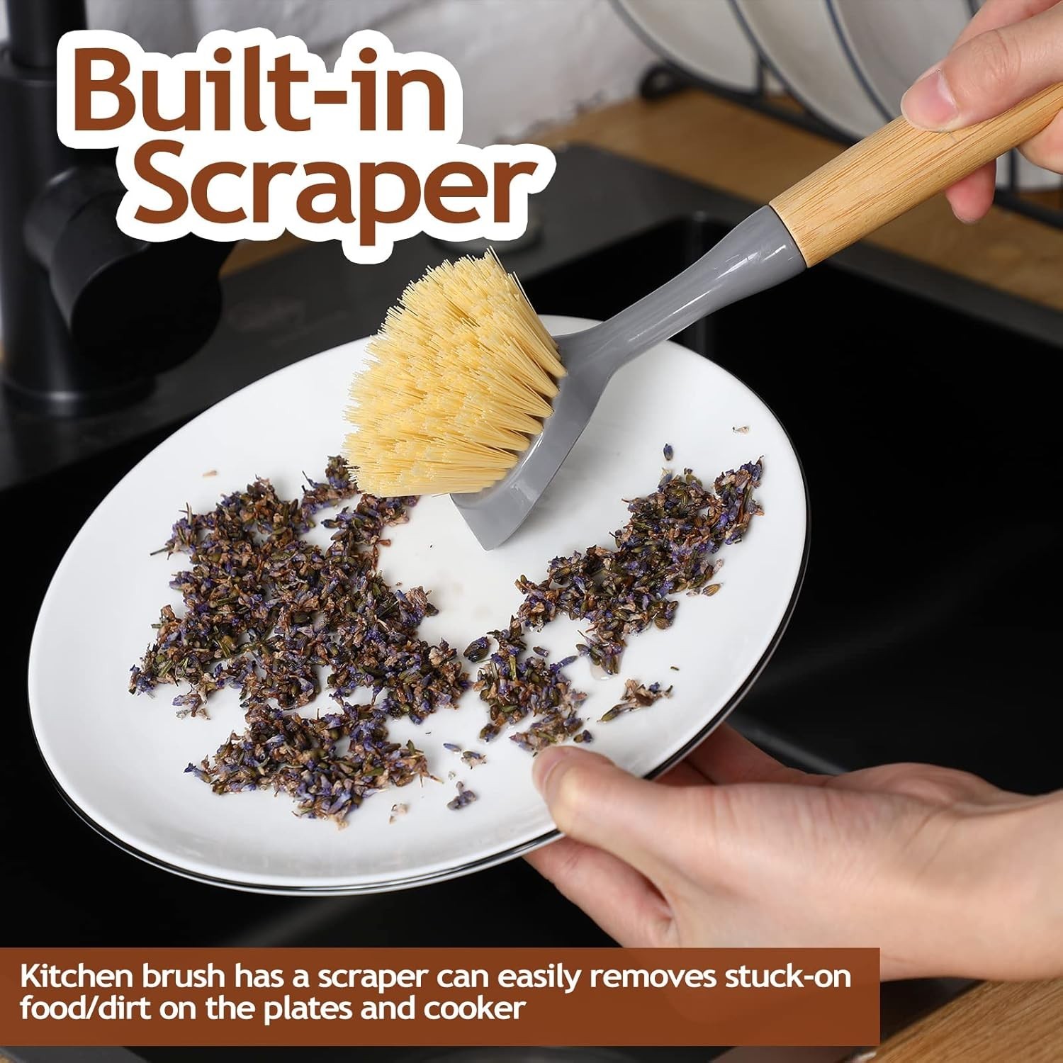 8 Pieces Kitchen Dish Brush with Bamboo Handle Scrub Brush Built in S…
