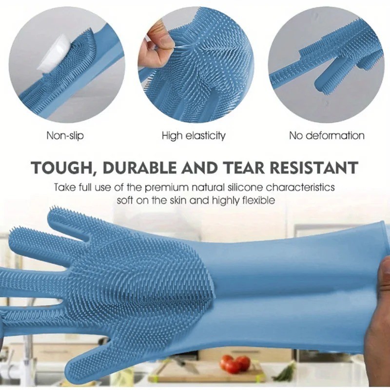 1 Pair Silicone Dishwashing Gloves Cleaning Scrubber Heat Resistant Kitchen Brus