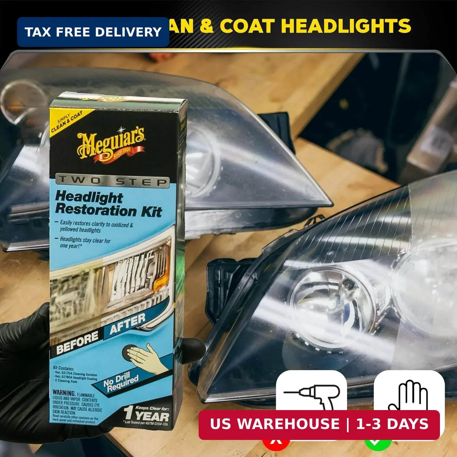 Meguiar’s Two Step Car Headlight Restoration Kit, Headlight Cleaner Restores Cle