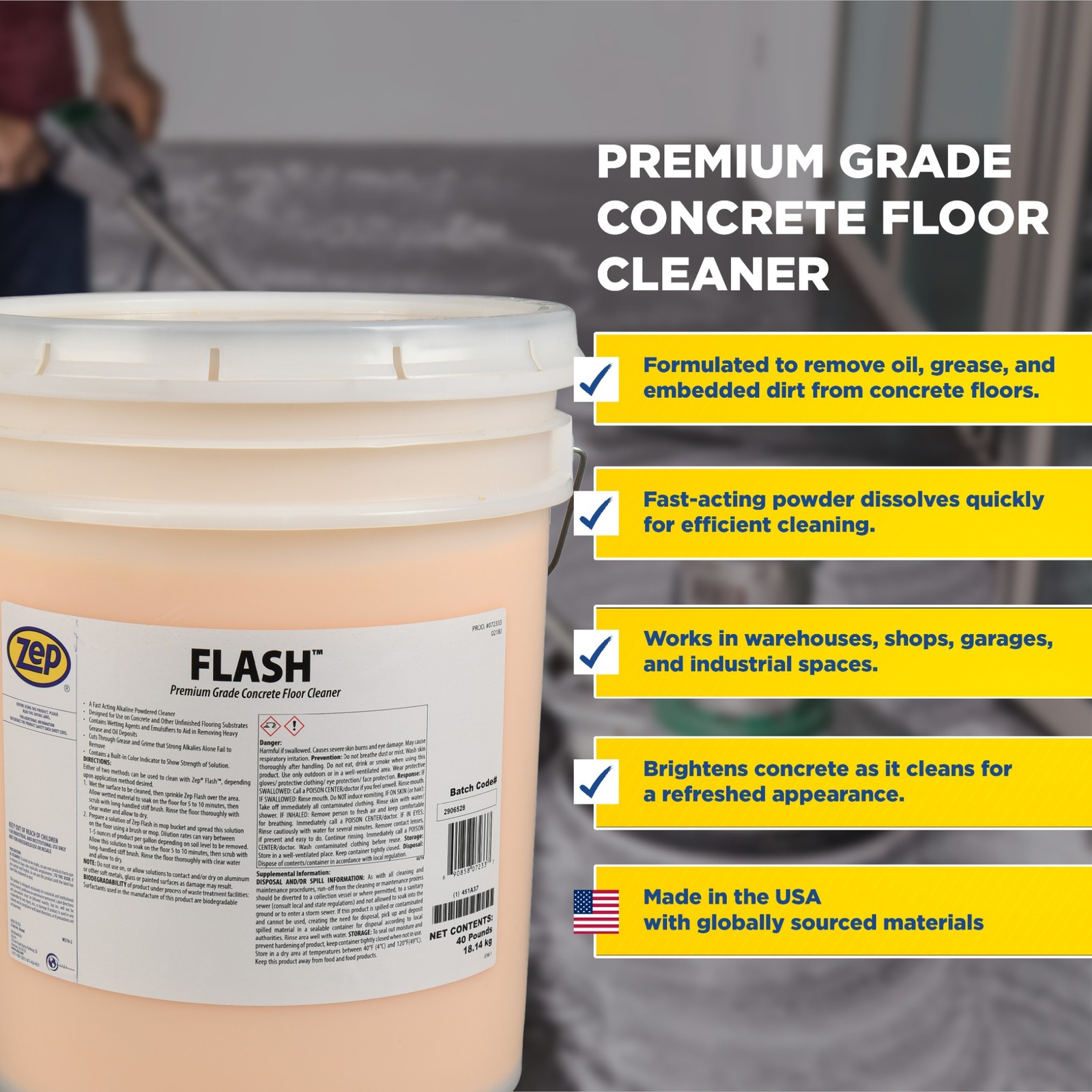 Zep Flash Powdered Concrete Floor Cleaner – 40lb (Case of 1) 72333 – Premium