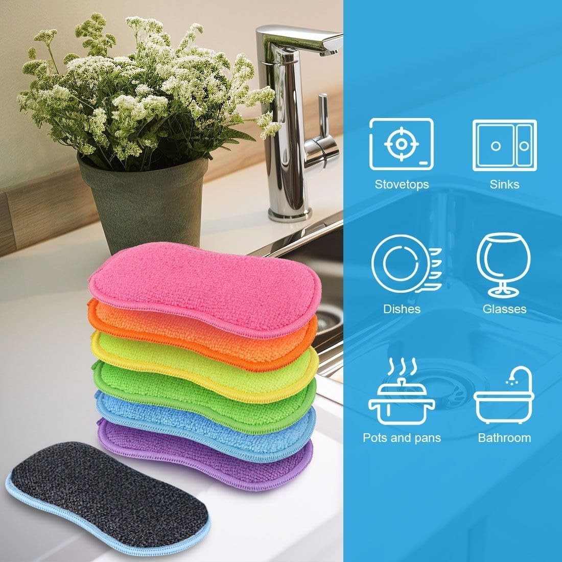 Durable 12 Pack Microfiber Sponges – Non-Scratch Design for All Kitchen Surfaces