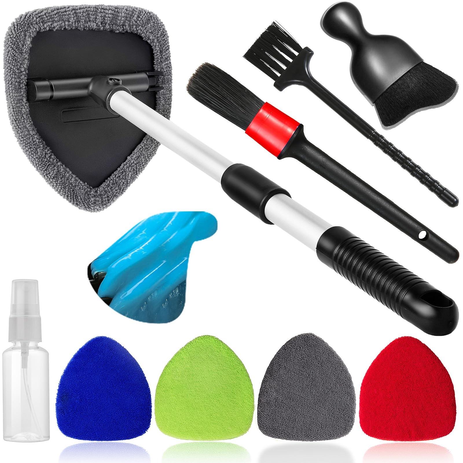 Windshield Cleaner Tool Kit with Microfiber Pads, Spray Bottle & Extendable