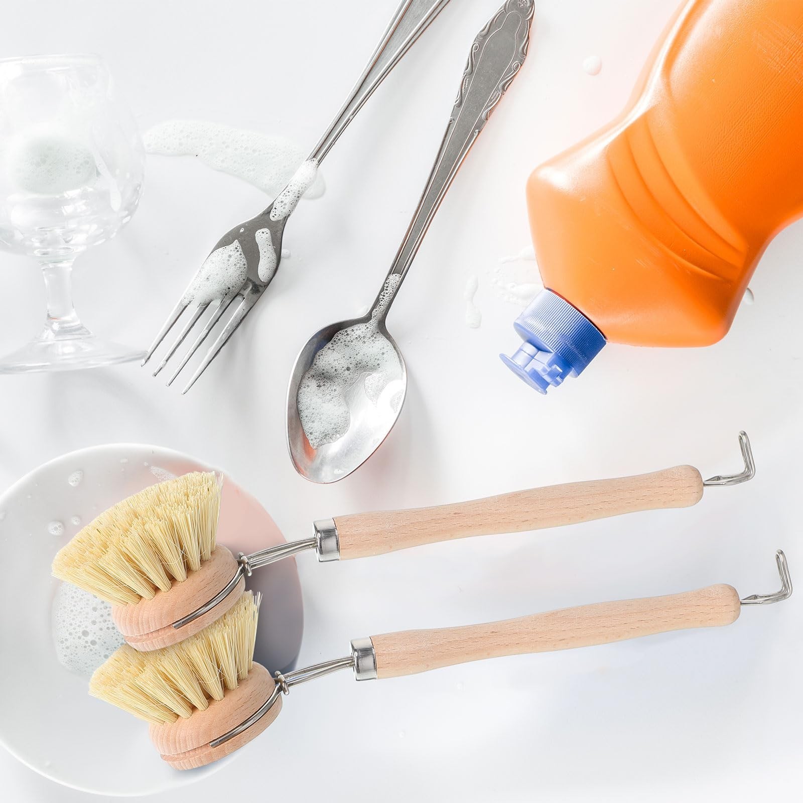 4 Pcs Beechwood Dish Brush Set – Natural Wooden Handle, Fiber Bristles, 2″ Repla