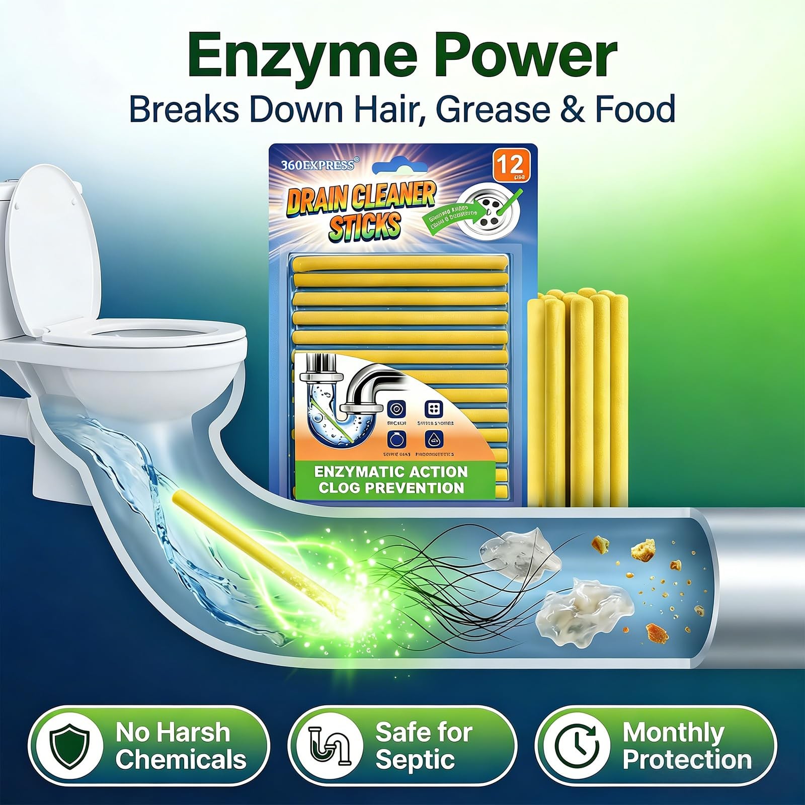 360EXPRESS Drain Cleaner and Deodorizer Sticks, 24 Pcs Enzyme Drain Sticks – …