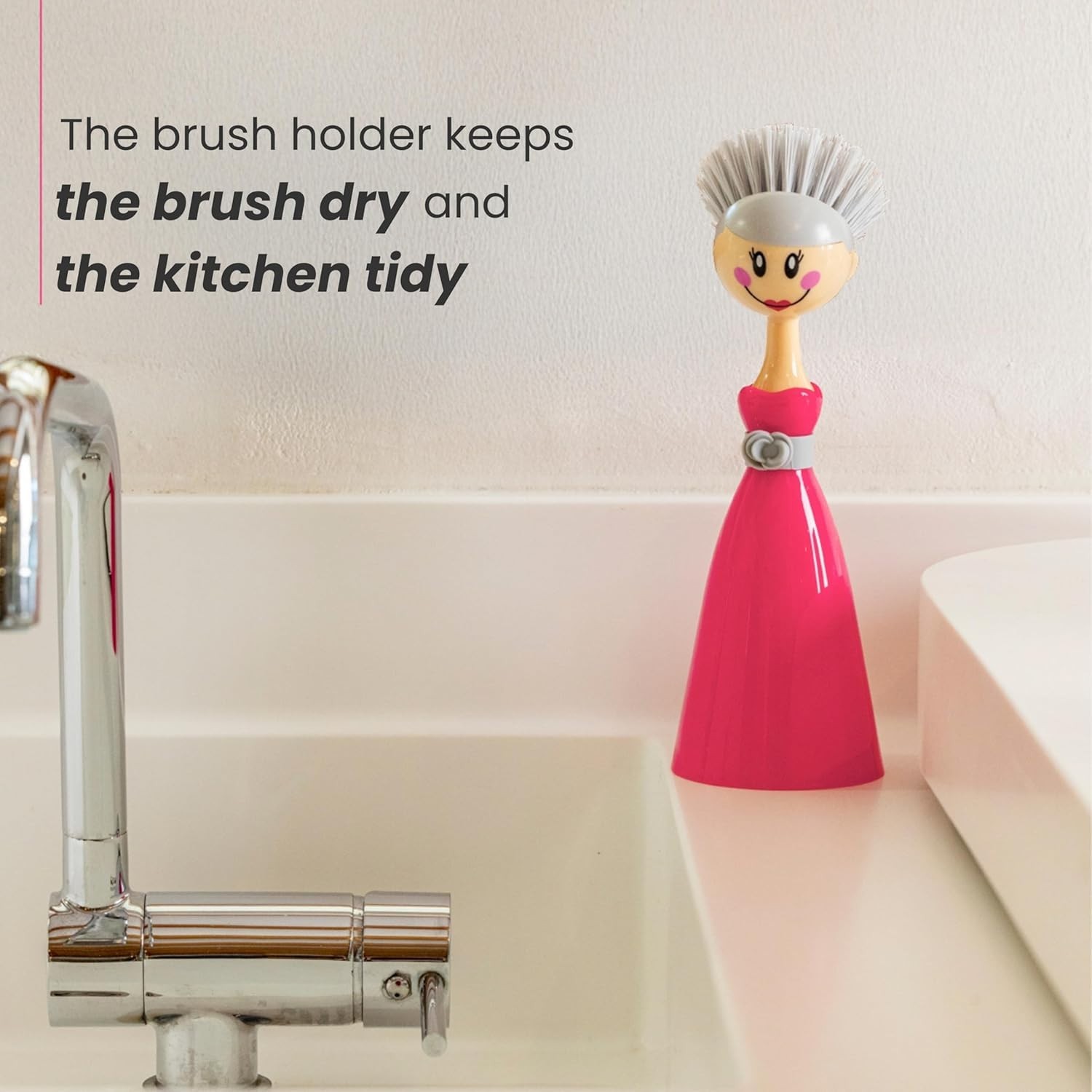 Dish Brush with Handle and Dress Holder Kitchen Sink Cleaning Pink Gray