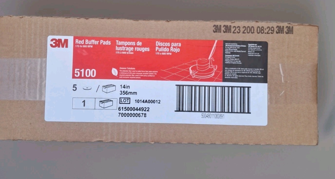 3M Red Buffer Floor Pads, 5100, Low-Speed 14″, 5 Pack, NEW