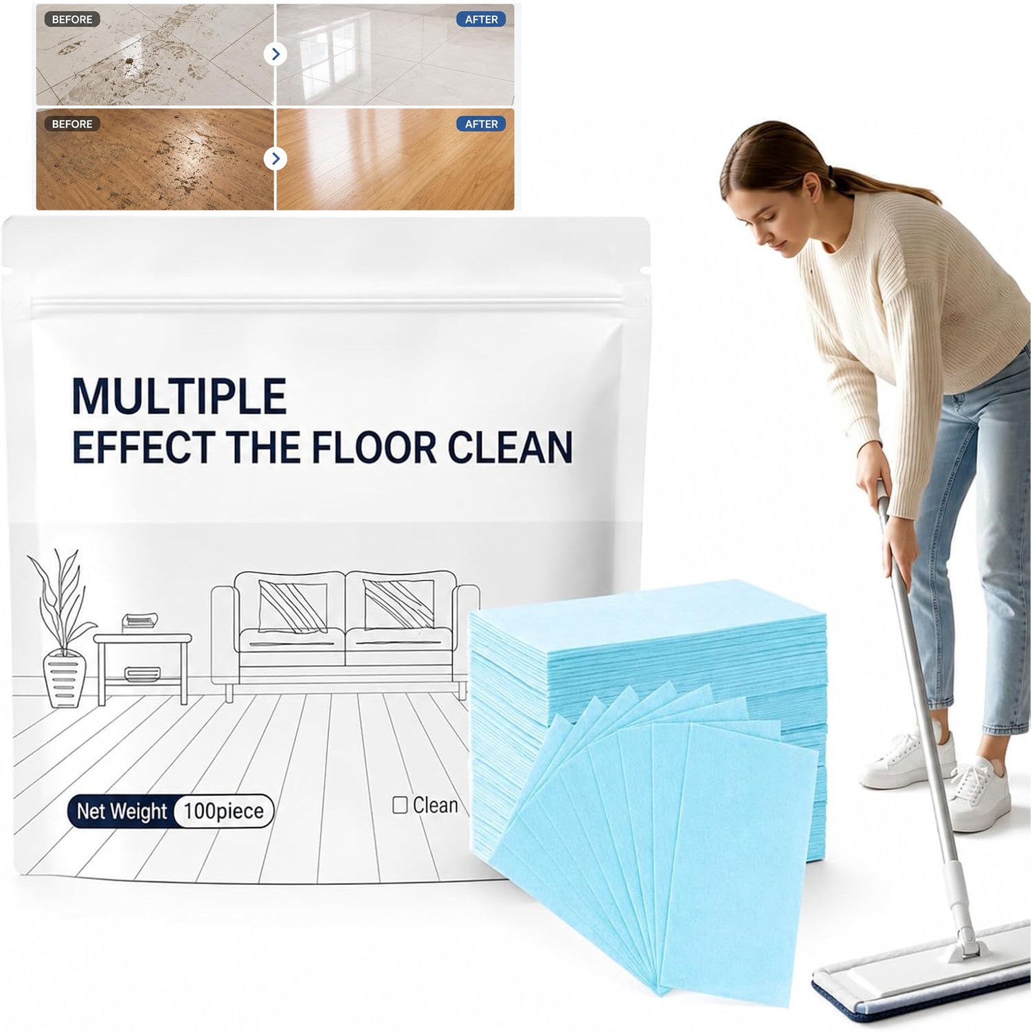 100-500 X Multi-Effect Floor Clean Tablets, Water-Soluble Floor Cleaning Sheets