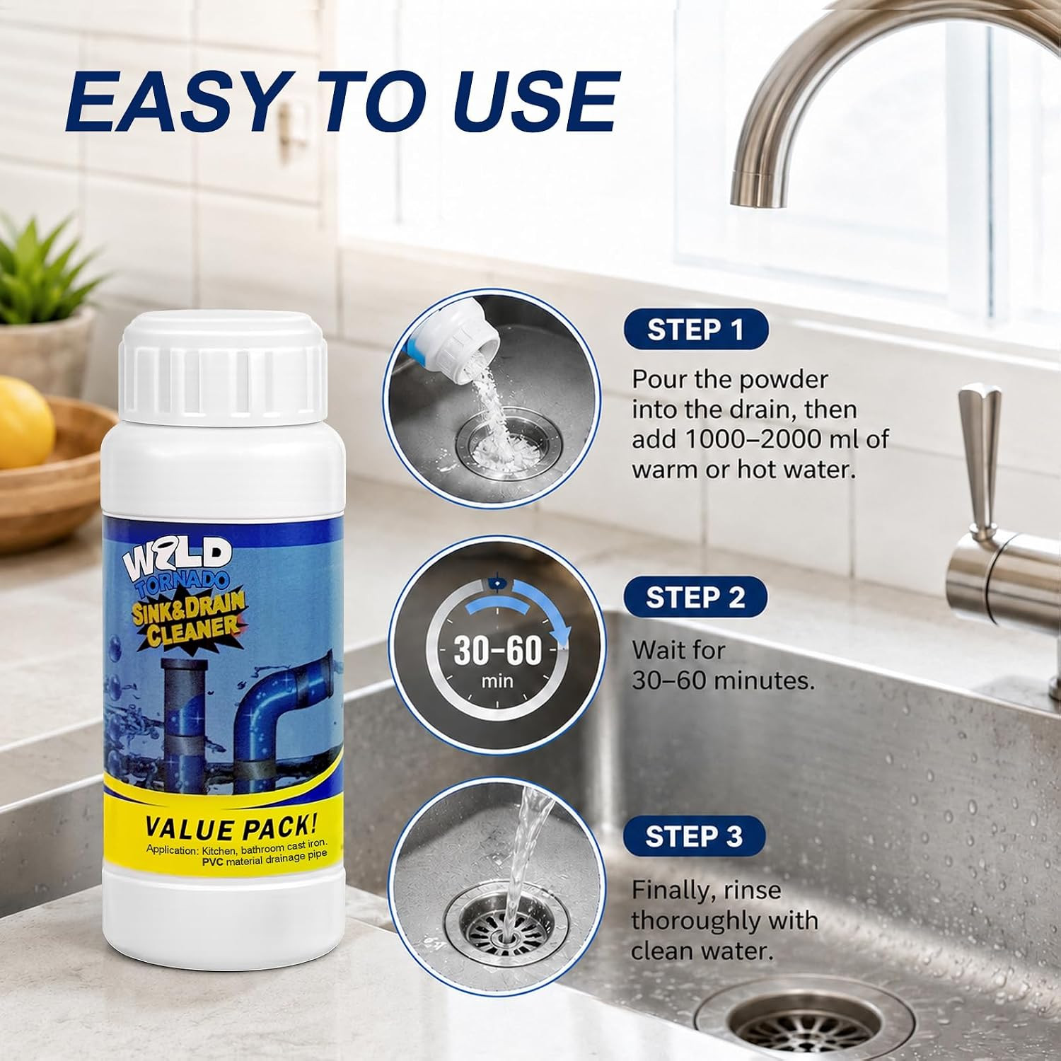 Wild Tornado Sink and Drain Cleaner Powder, Effectively Breaks Down Grease, Hair