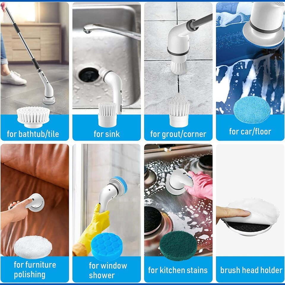 8 IN 1 Electric Spin Scrubber Cordless Power Cleaning Brush rechargeable cleaner