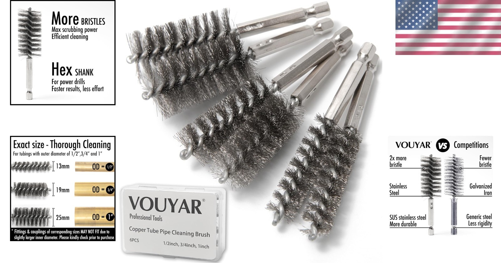 6-Piece Stainless Steel Pipe Cleaner Set for 1/2” to 1” Pipes – Durable Brushes
