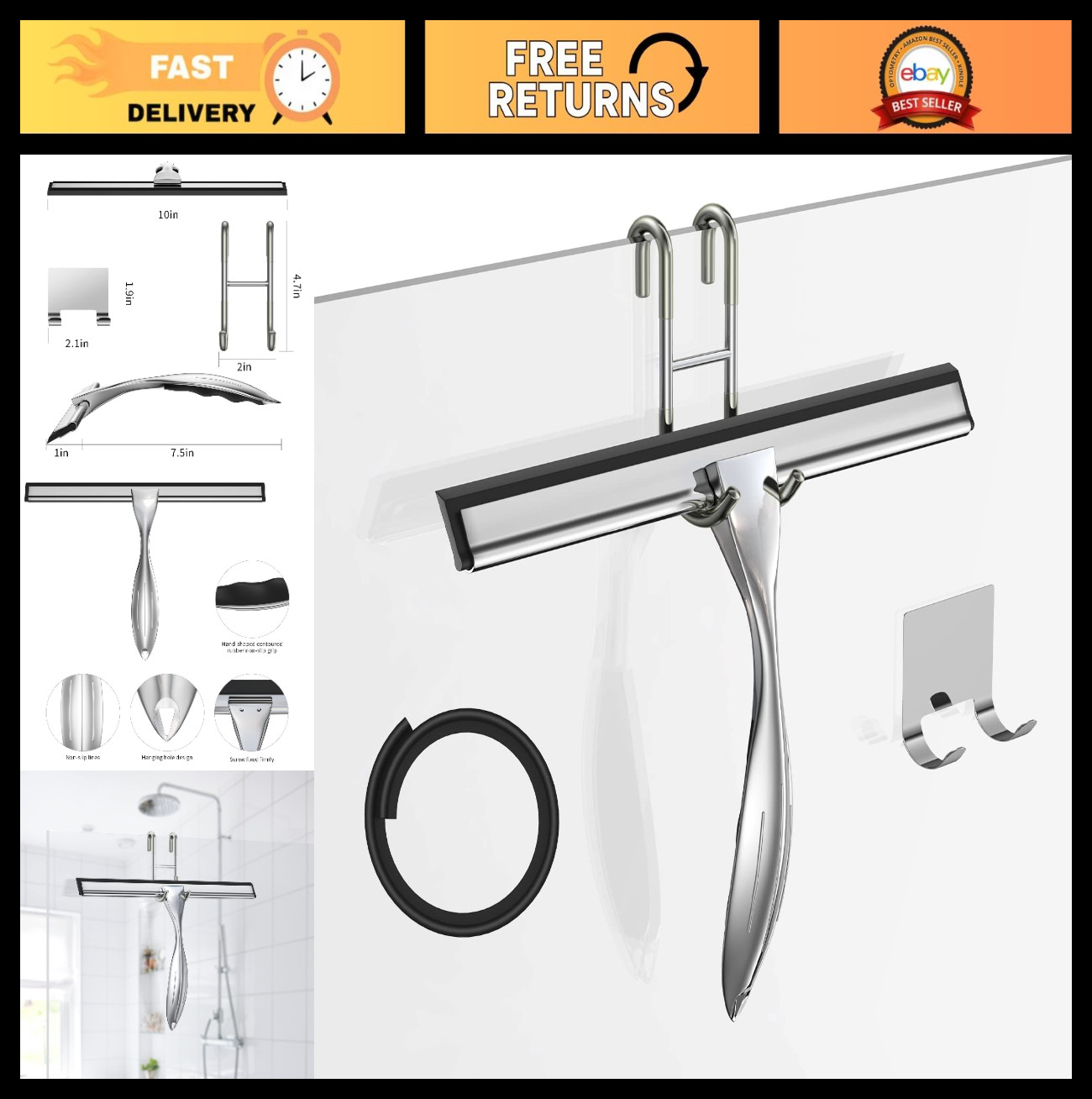 10-Inch Stainless Steel Shower Squeegee Set for Streak-Free Glass, Tiles & Mirro