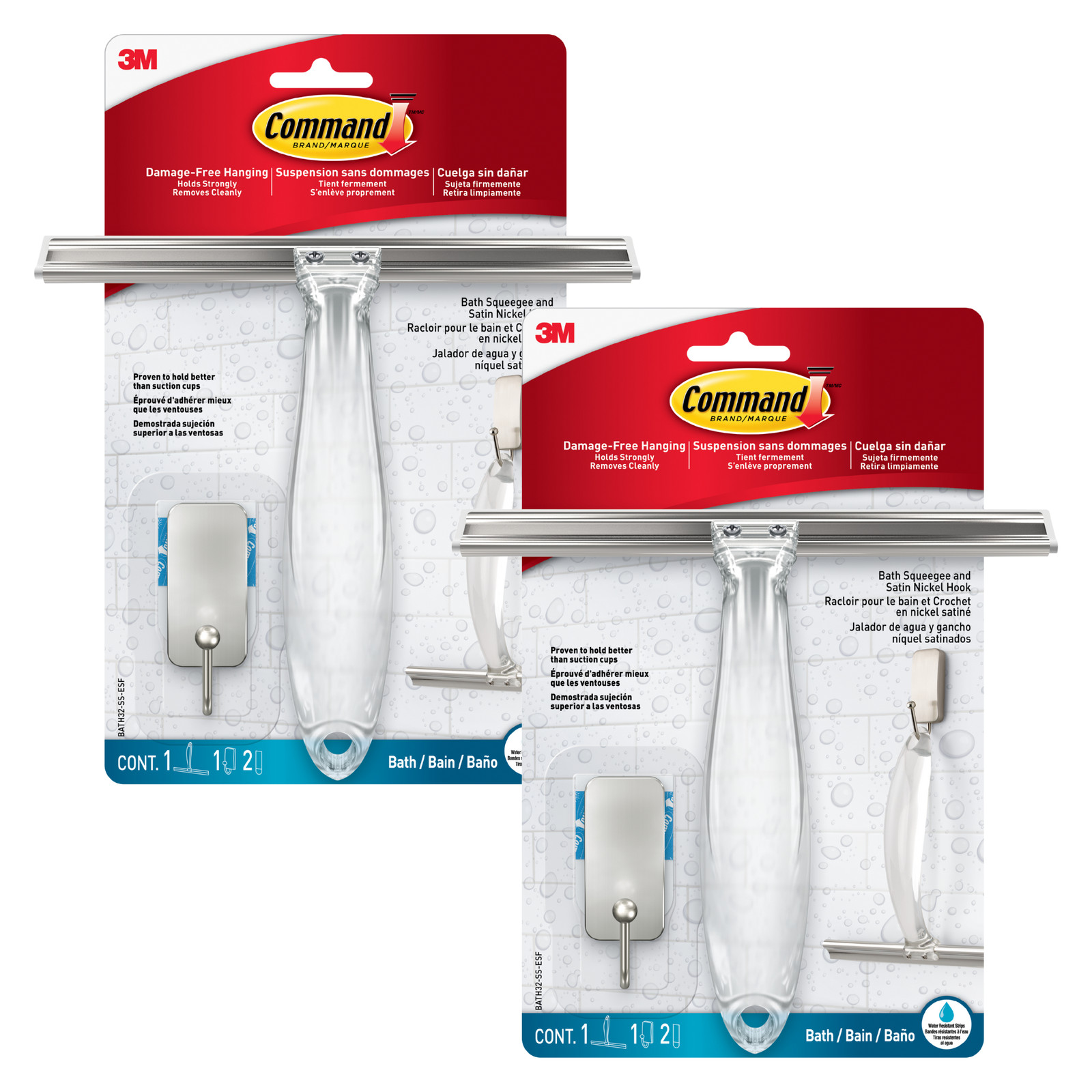 Command Bath Squeegee and Hook [Removable]: Stainless Steel and Satin Nickel Sil