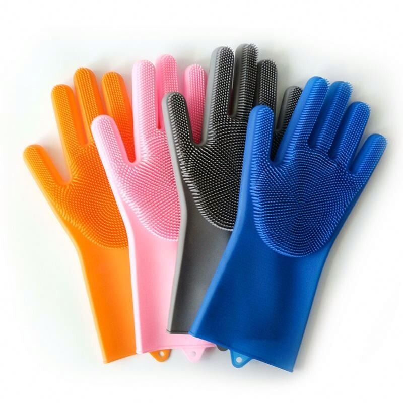 Silicone Dishwashing Gloves, Finger Tips with Bristles Cleaning Brush  (2 Pairs)