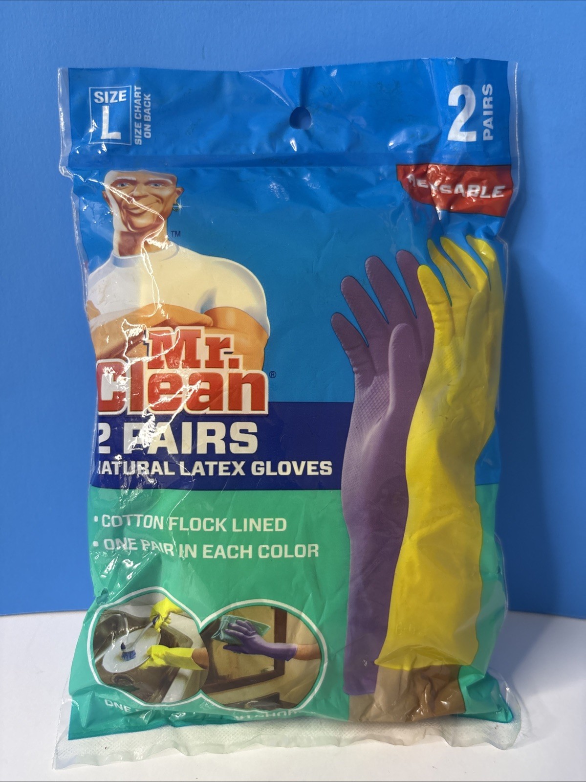 2 pair Mr Clean Natural Latex Dish Washing Gloves sz Large Cotton Flock Lining