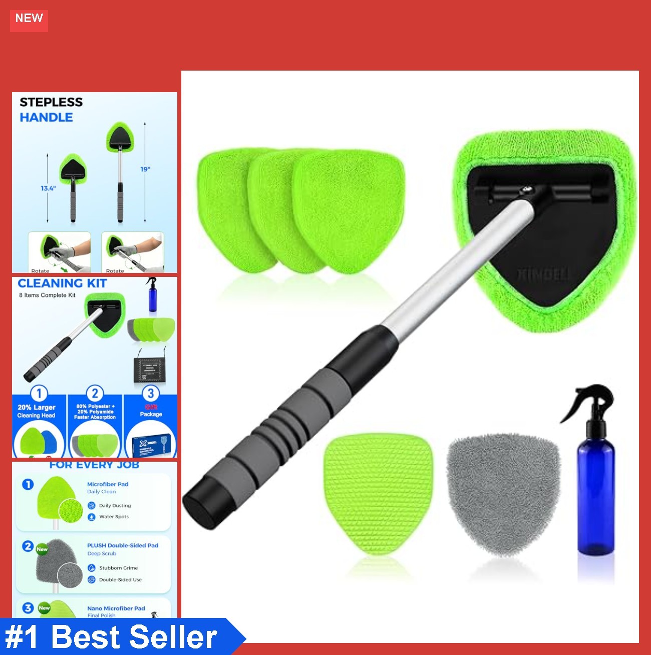 Windshield Cleaner Tool Extendable Handle 5.7×6.1in 180 Swivel Head Car