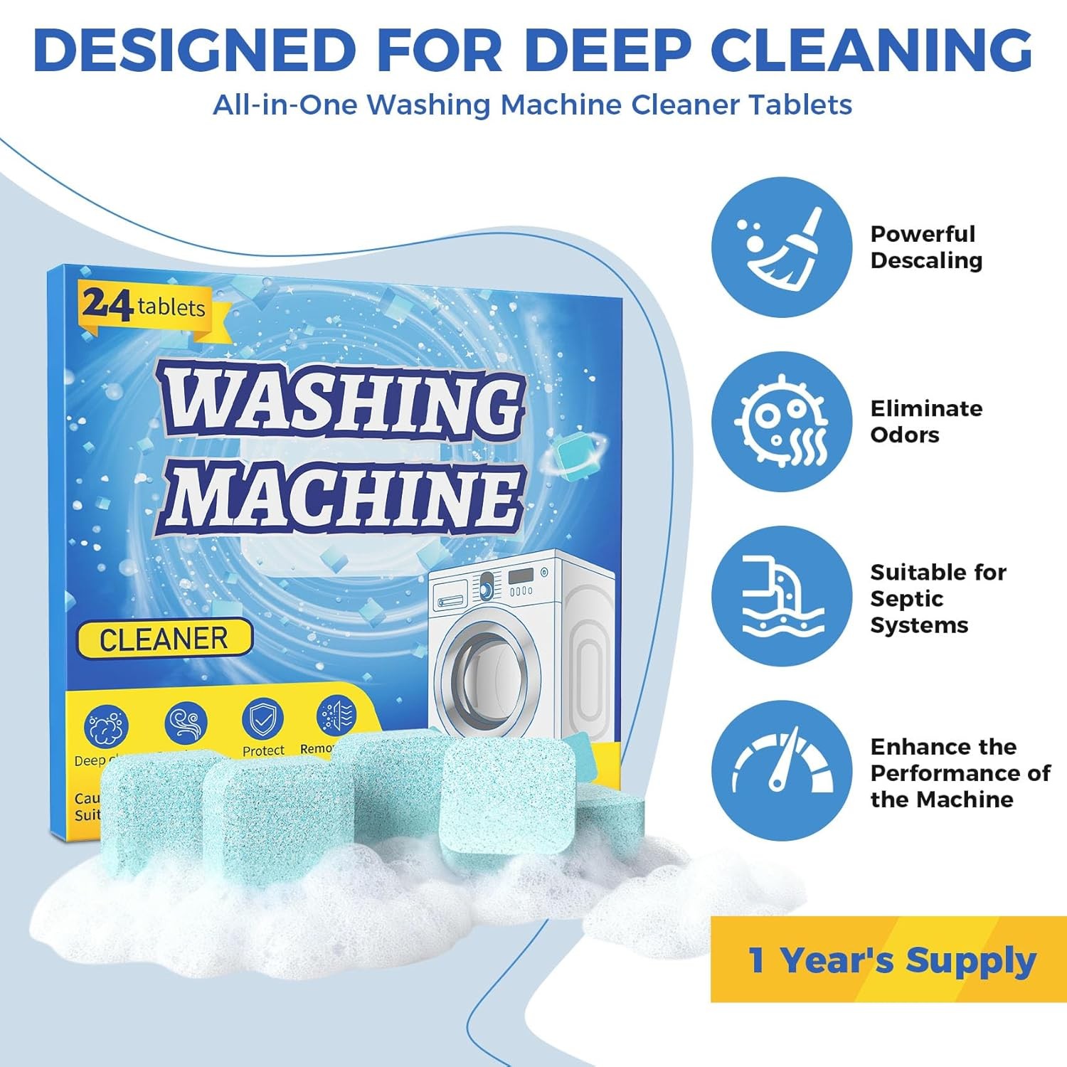 Washing Machine Cleaner Tablets Descaler 24 Pack Deep Cleaning Front Top Load