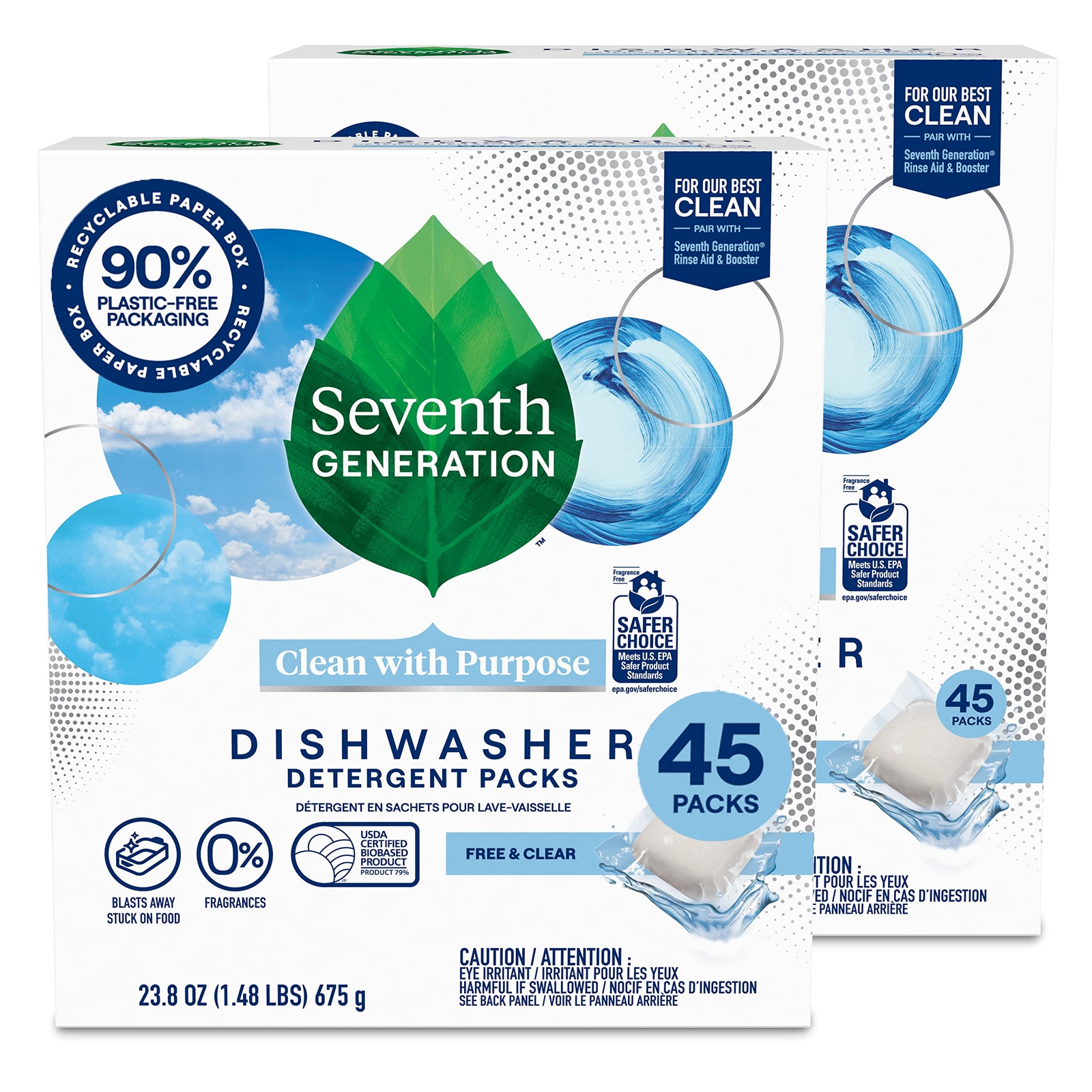 Seventh Generation Free Clear Dishwasher Detergent Packs 45 Count Biobased