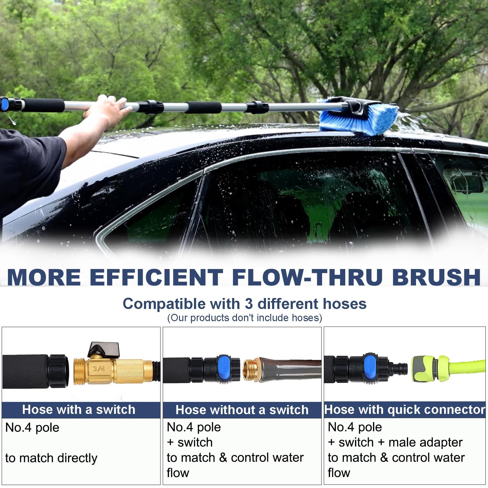 70″ Car Wash Brush with Long Handle, Soft Bristles, and Hose Attachment