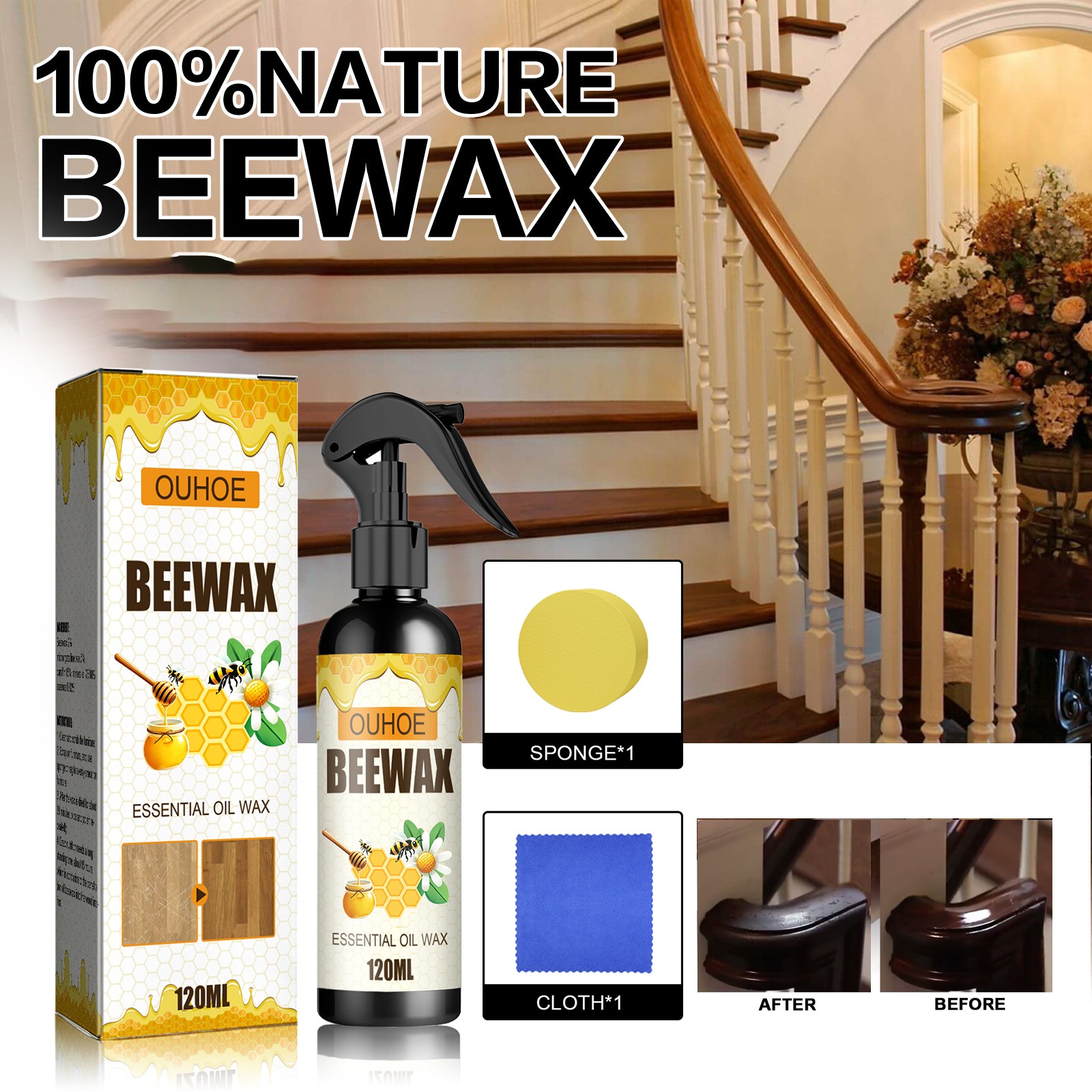 Beeswax Spray Cleaner,Natural Furniture Polish,Beewax Care Restorer,Wood Floors