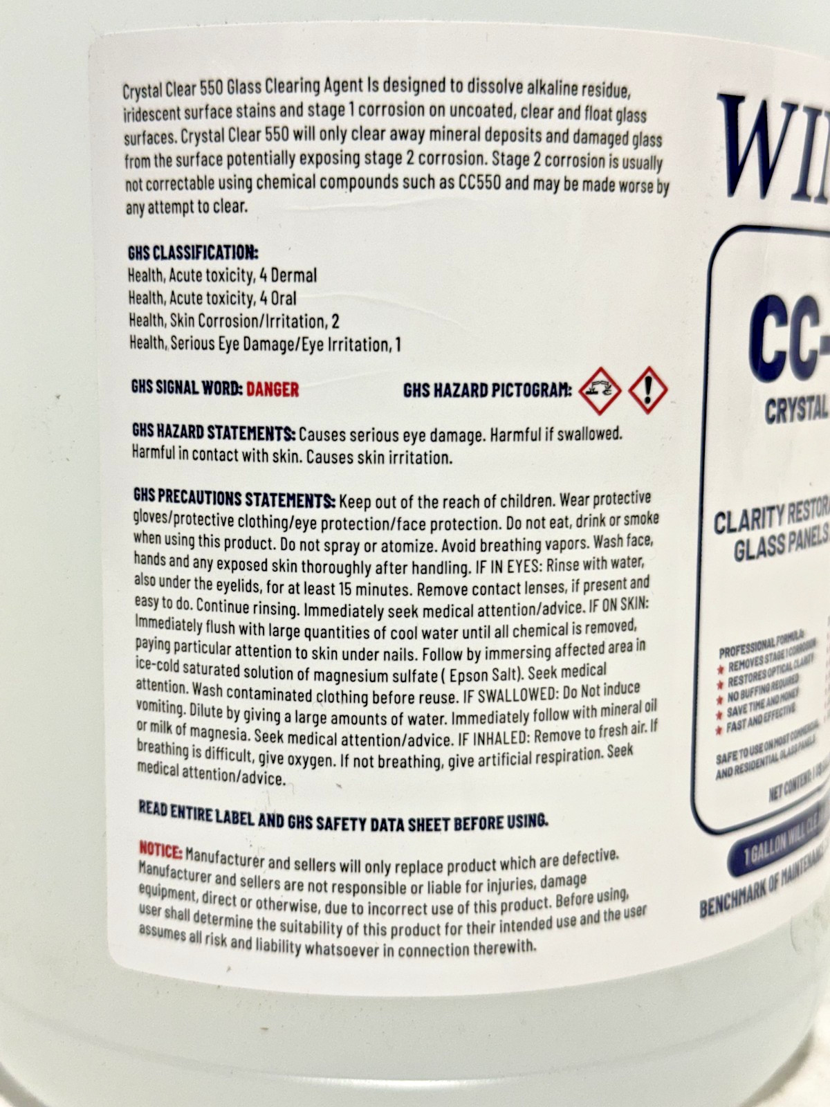 Winsol Crystal Clear 550 Glass Clearing Agent and Water Spot Removal