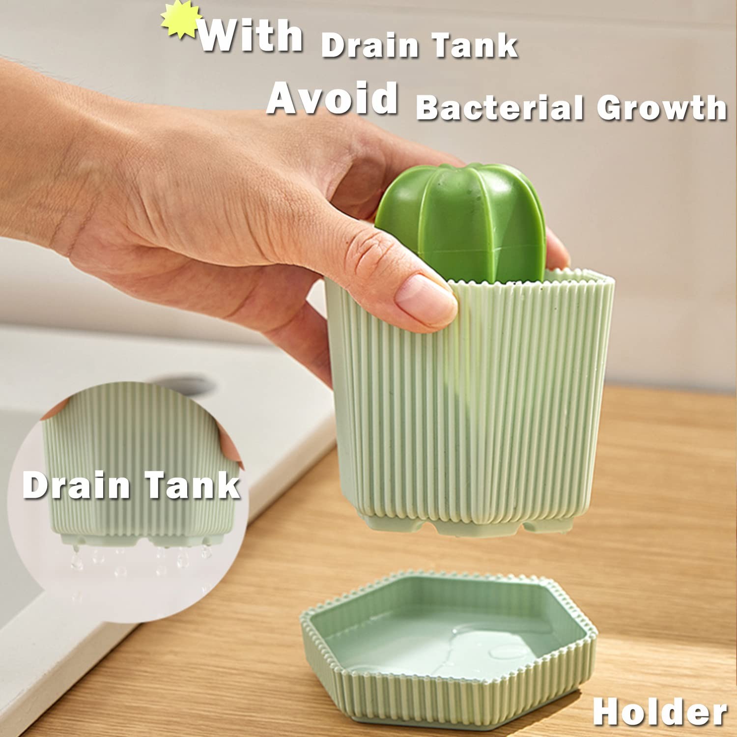 Cactus Mini Dish Brush Set with Drip Tray (3 Brushes), Durable Kitchen Cleani…