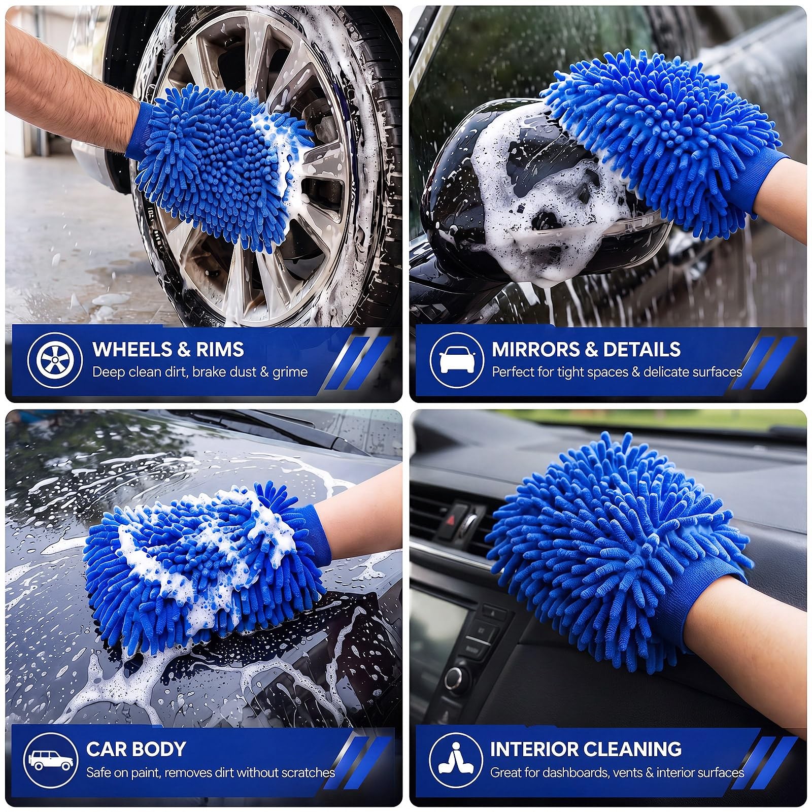 8 Pack Blue Chenille Car Wash Kit Includes Car Wash Mitt Microfiber Drying To…