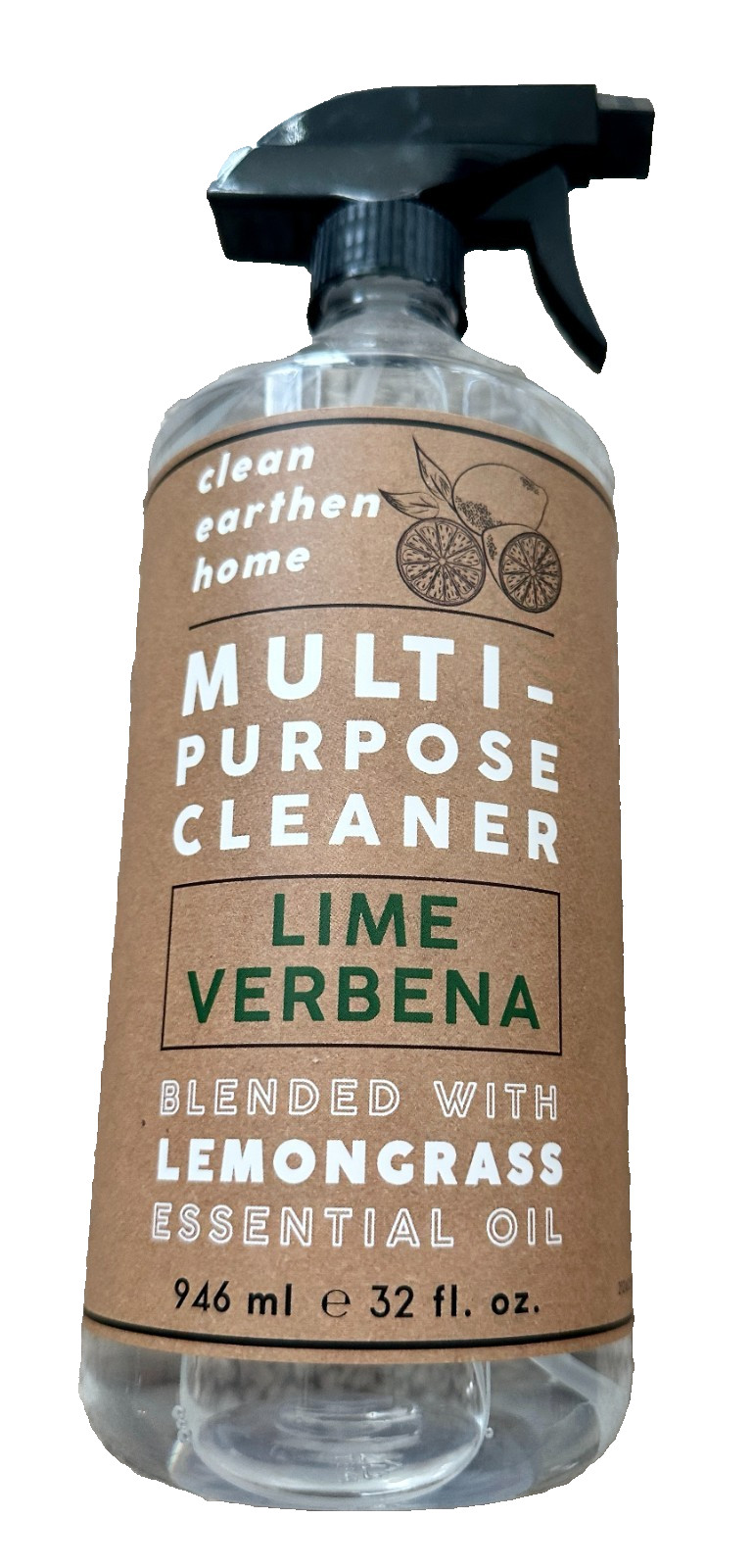 New Clean Earthen Home & Body Company Lime Verbena Lemon Cleaning Spray 32 oz