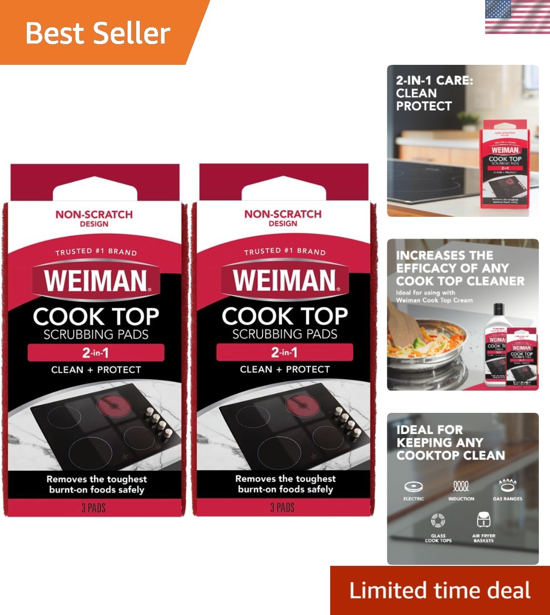 Weiman 3 Count Cook Top Scrubbing Pads – Safe Stain Remover for Porcelain