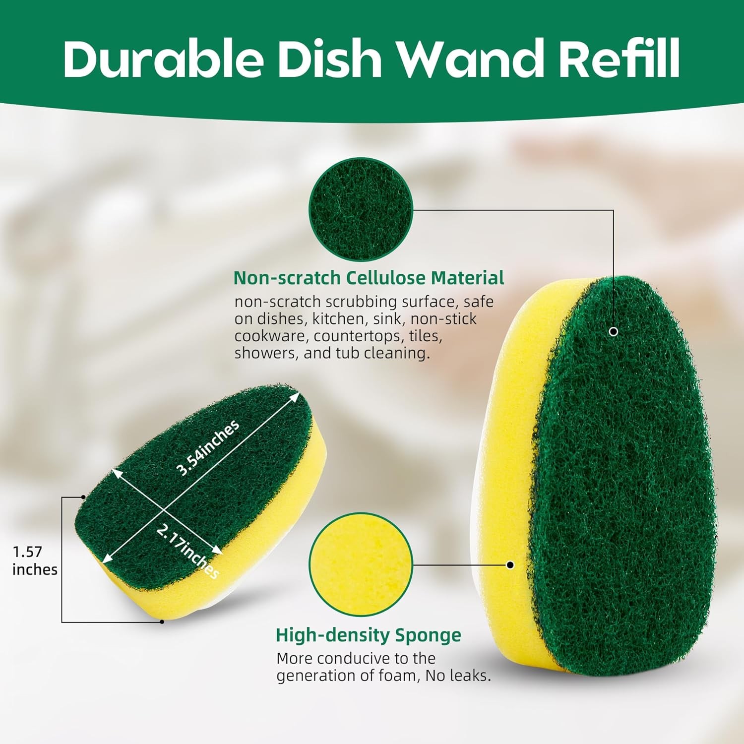 Non Scratch Dishwand Refills 6 Pack, Non-Scratch Replacement Sponge Heads for