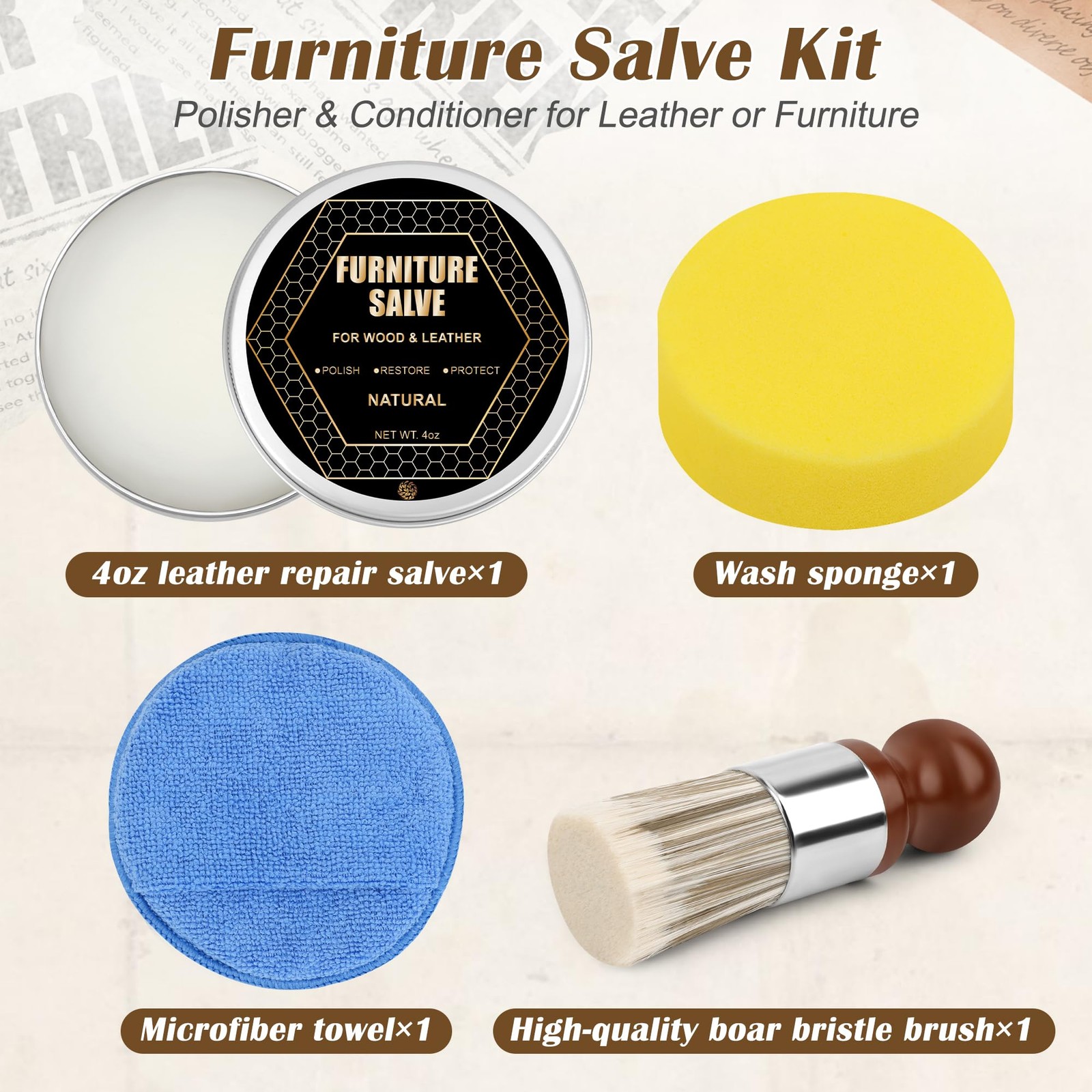 1+3 Furniture Salve for Leather & Wood with Brush Set, Cream & Wax Restorer f…