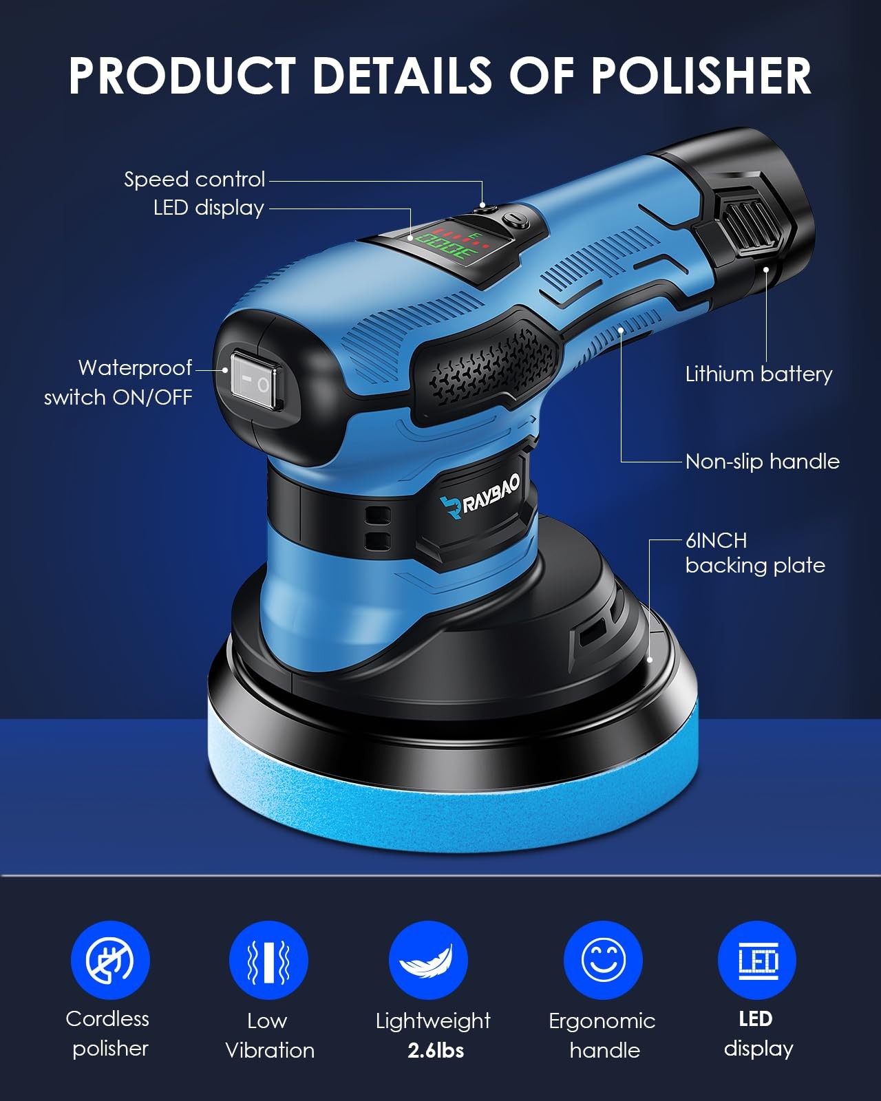 Cordless Polisher 2x2000mAh 21V Batteries,21pcs Attachments & 6 inch Car Buffer