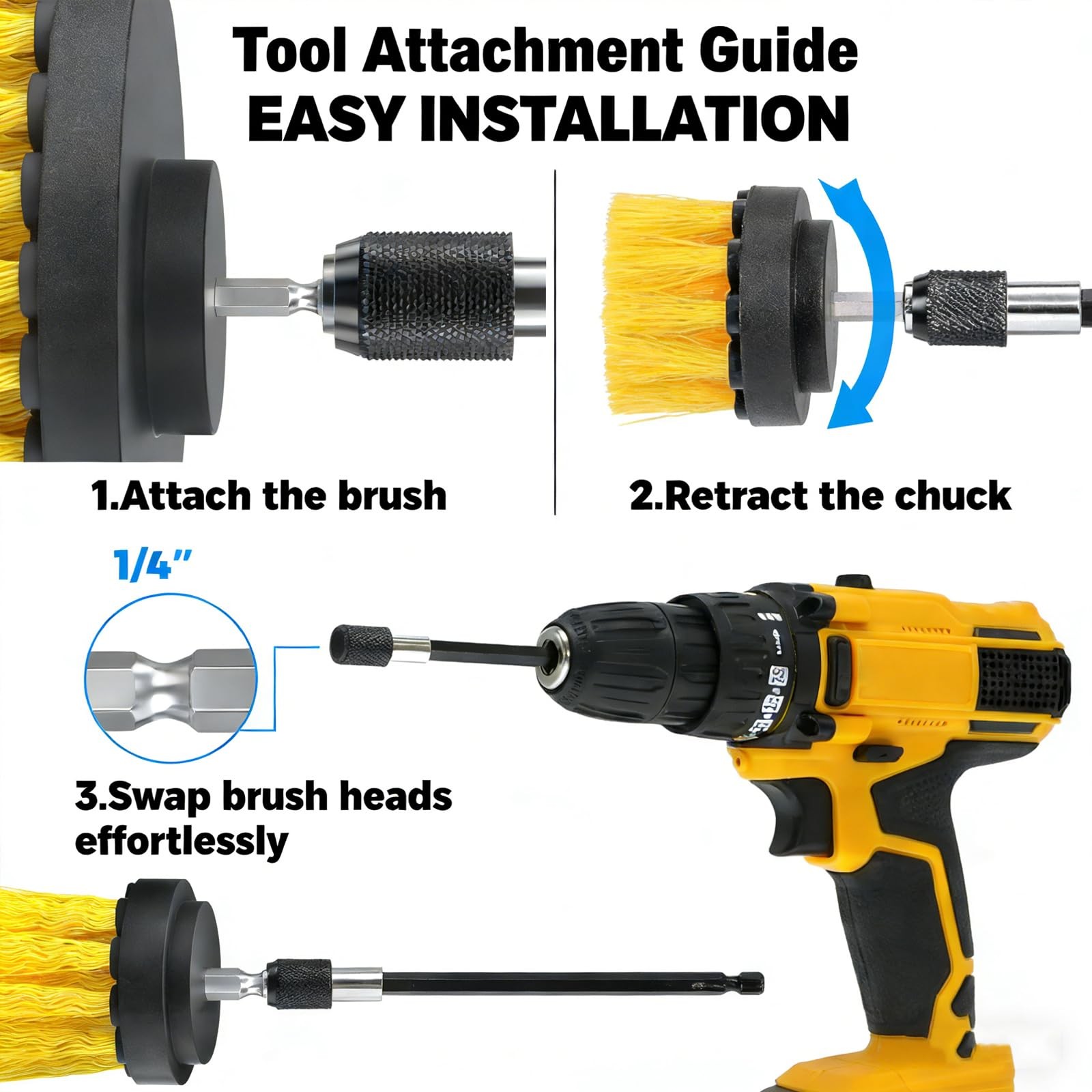 -Pack Drill Brush Power Scrubber Set, Long Attachment for Bathroom, Car, Tile
