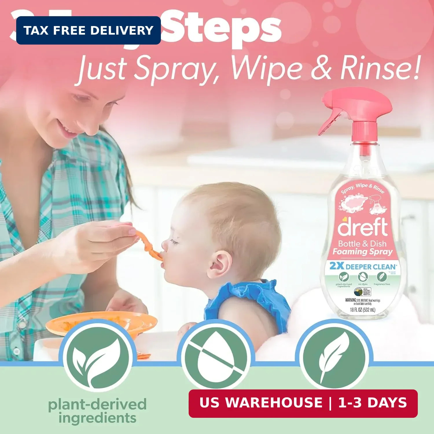 Dreft Foaming Baby Bottle and Dish Cleaning Spray, Plant-Derived Formula, 18 Fl