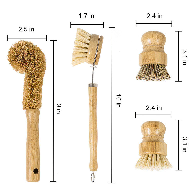 Kitchen Dish Scrub Eco-friendly Cleaning Bamboo Dish Handle Brush Set of 4