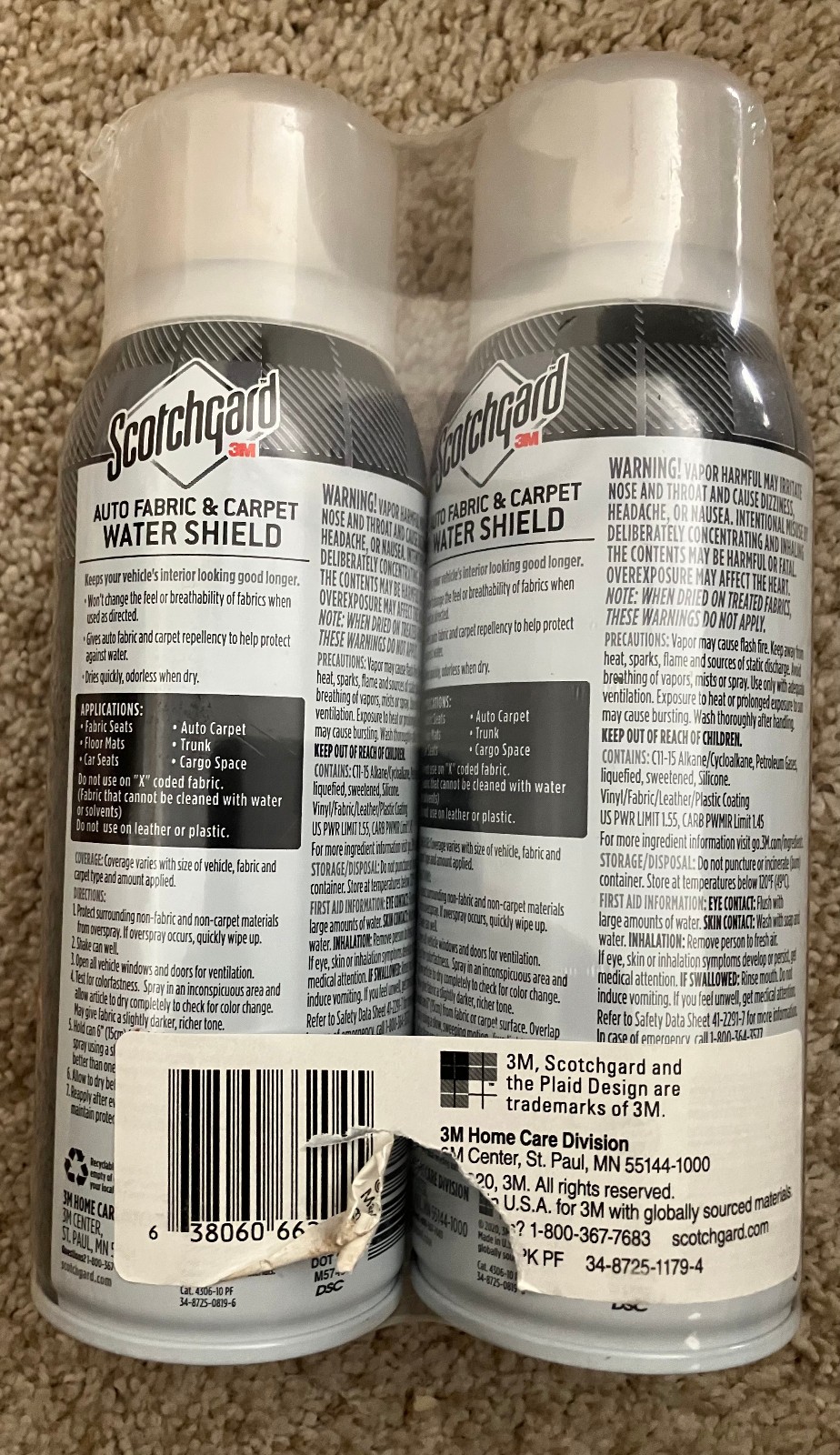 Scotchgard Auto Fabric & Carpet Water Shield, 20 Ounces (Two, 10 Ounce Cans) NIP