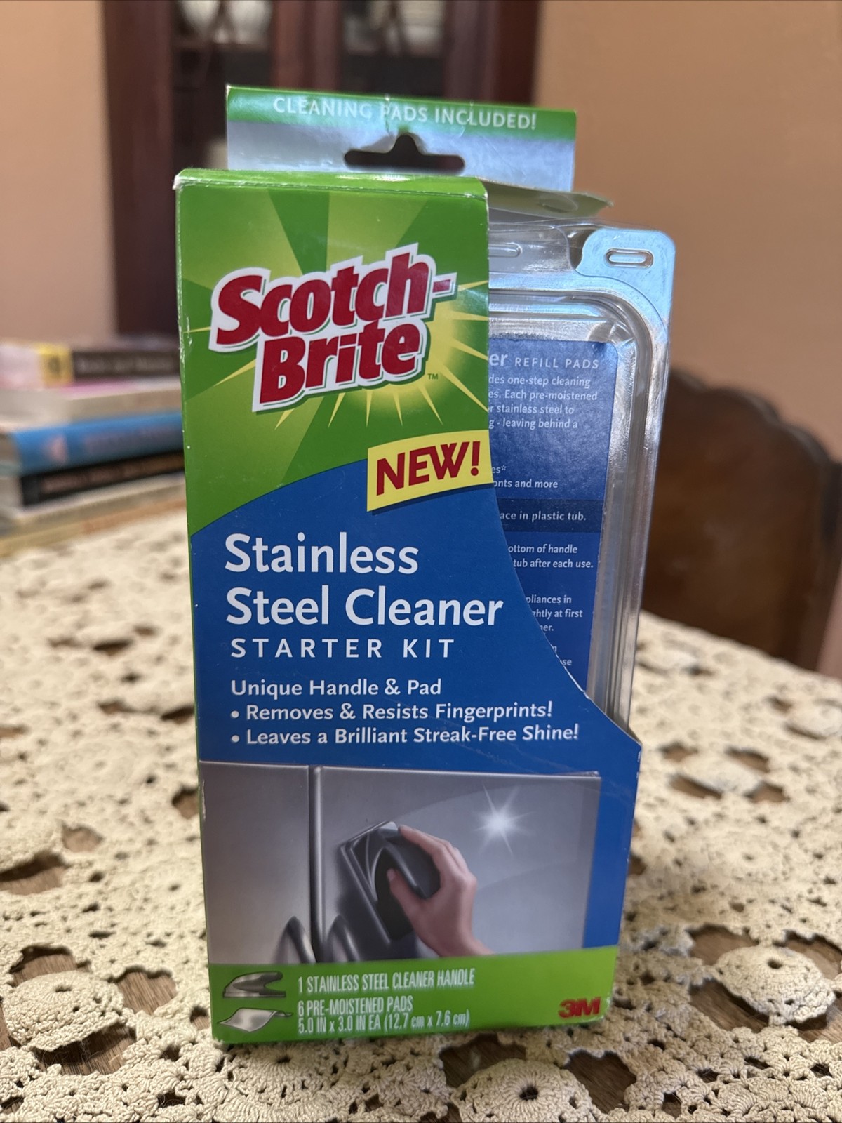 3M Scotch Brite Stainless Steel Cleaner Starter Kit 1 Handle & 6 pads New In Box